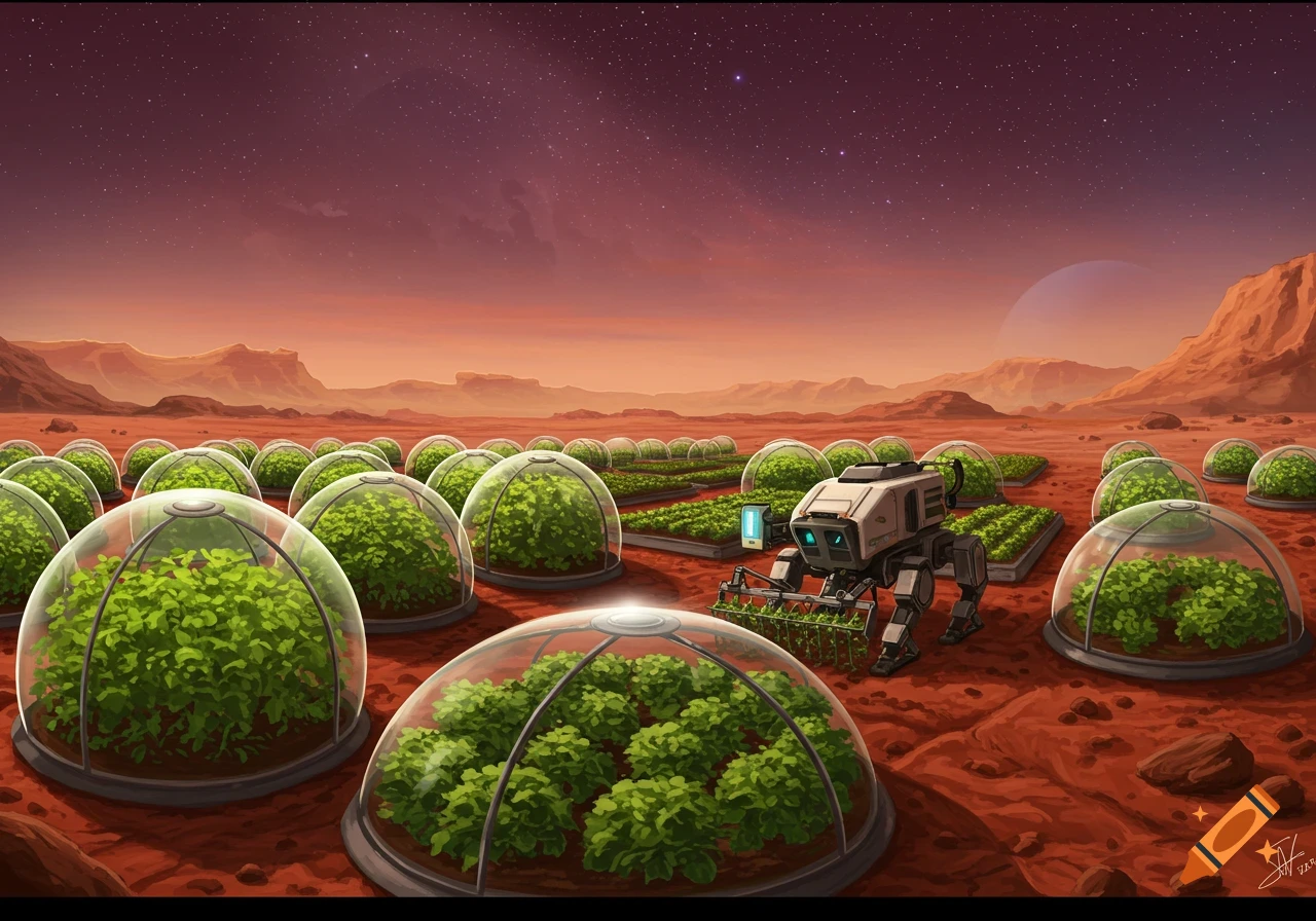A robot tends to rows of crops in domed greenhouses on a red Martian landscape under a starry sky with distant mountains and a planet.