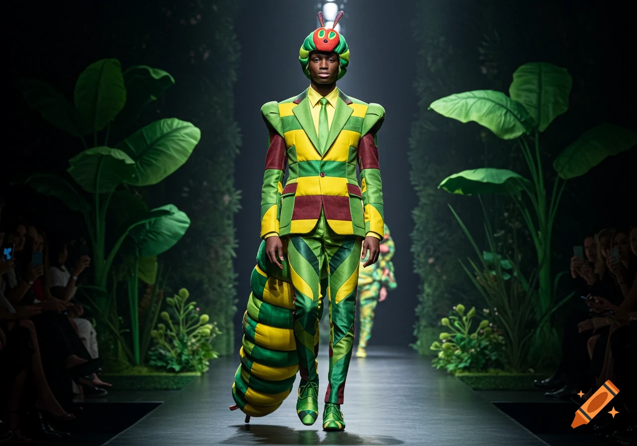 A person in a vibrant green, yellow, and red Hungry Caterpillar-themed suit walks down a dark runway flanked by large green plants.