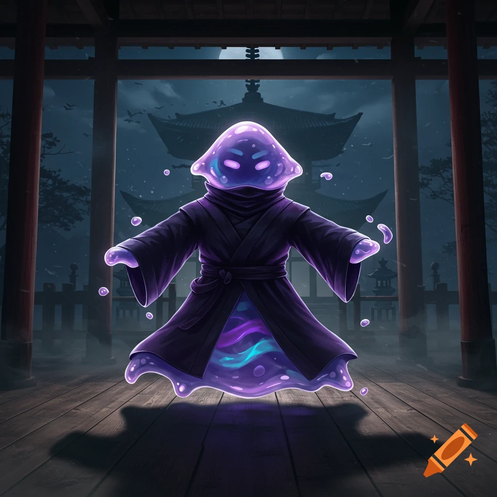 A glowing purple amorphous ooze wearing a dark ninja robe stands in a ...