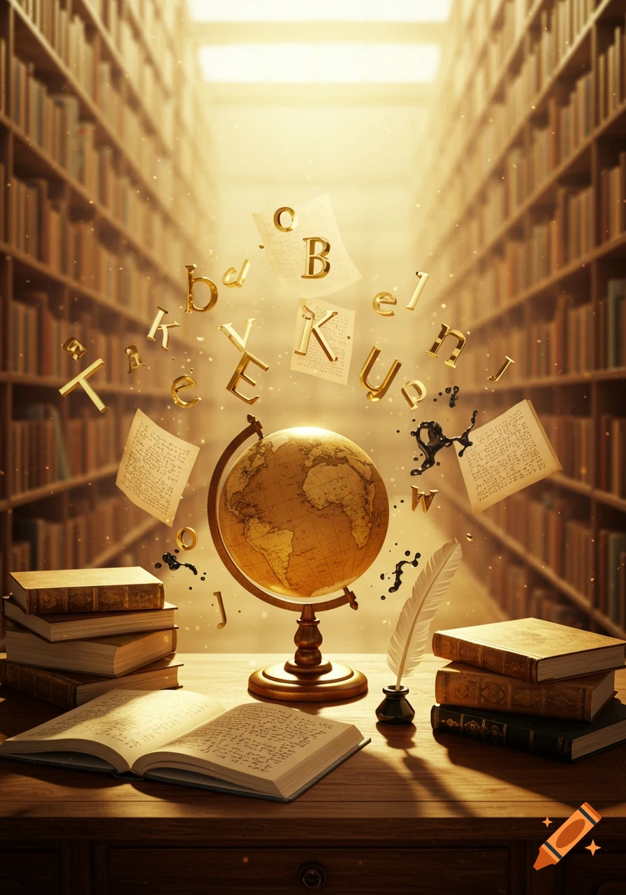 A warmly lit library desk with an open book, a globe, a quill, and golden letters and papers floating upwards.