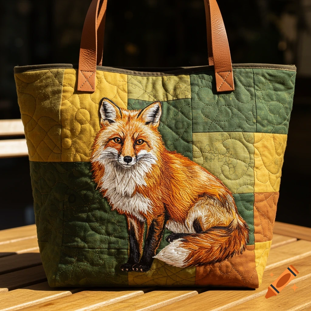 A quilted tote bag with an embroidered fox design sits on a wooden table.
