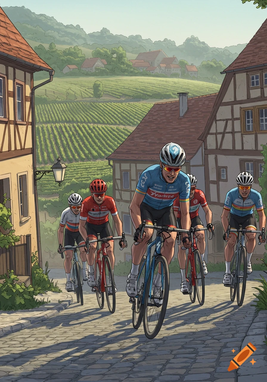 A group of cyclists rides bikes up a cobblestone street through a village with vineyards in the background, in an illustrated style.