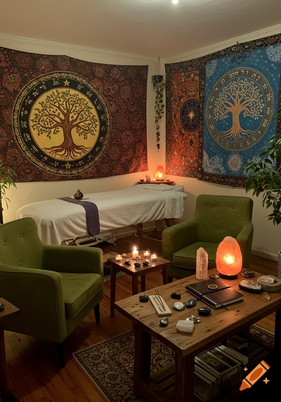 A warm, inviting room with a massage table, green armchairs, wooden tables, candles, crystals, and tapestries featuring the tree of life, illuminated by soft, warm light.