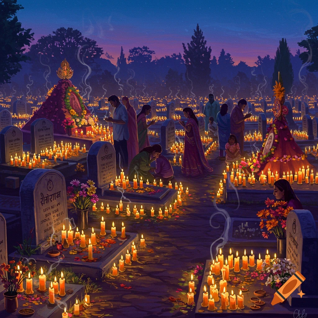 A vibrant illustration of people celebrating All Souls Day in a candlelit graveyard, adorned with flowers.