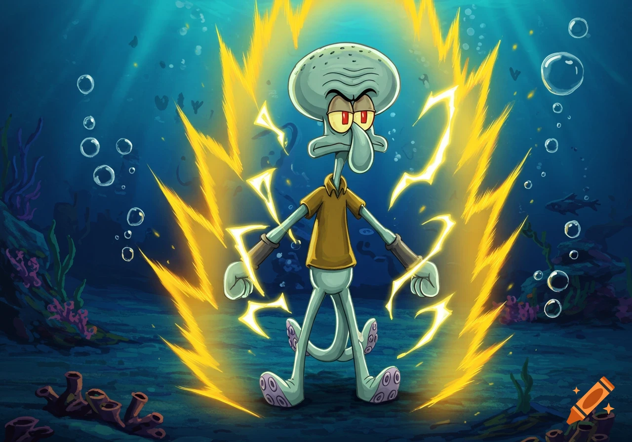 Squidward Tentacles as a Super Saiyan, glowing with yellow energy underwater amidst coral and bubbles.