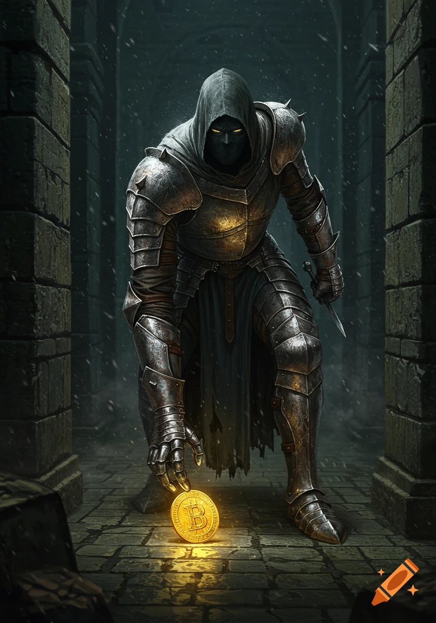 A hooded armored knight in a dark dungeon picks up a glowing gold Bitcoin coin from the stone floor.