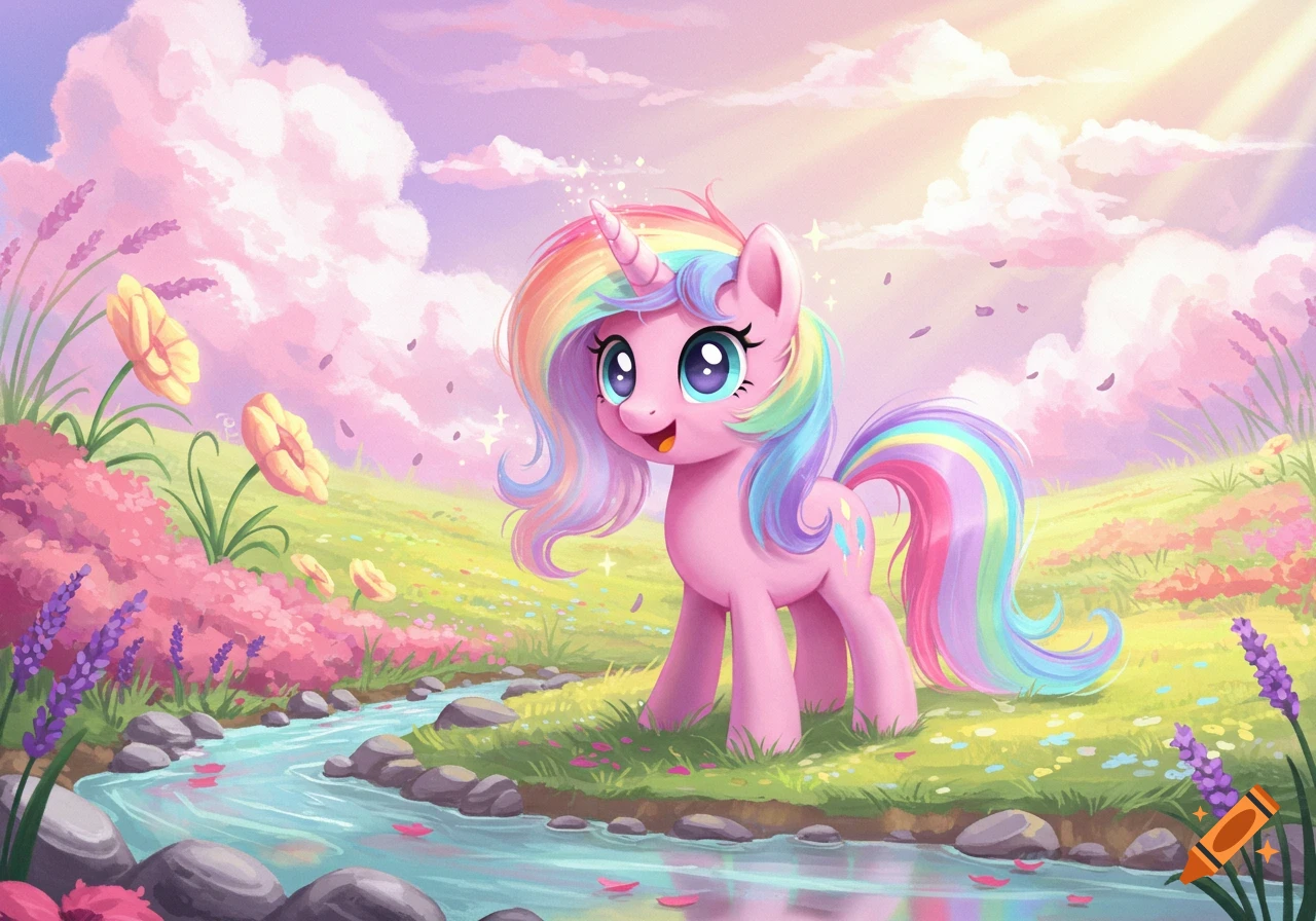 A cute pink unicorn pony with rainbow hair stands by a stream in a vibrant, cartoon-style meadow under a bright, cloudy sky.
