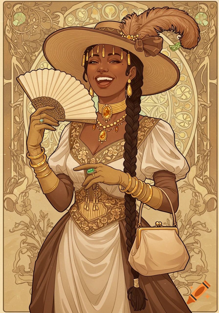 Art Nouveau illustration of a smiling Tanzanian noblewoman in an elegant dress, hat, and jewelry, holding a fan.