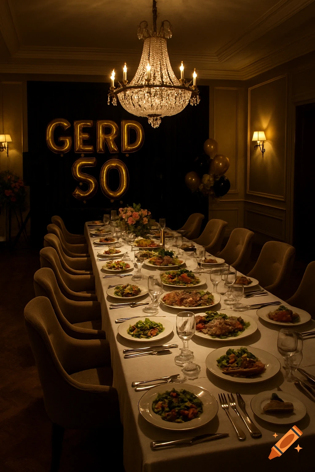 A grand dining table set for a 50th birthday party with food, place settings, and gold 'GERD 50' balloons under a chandelier.