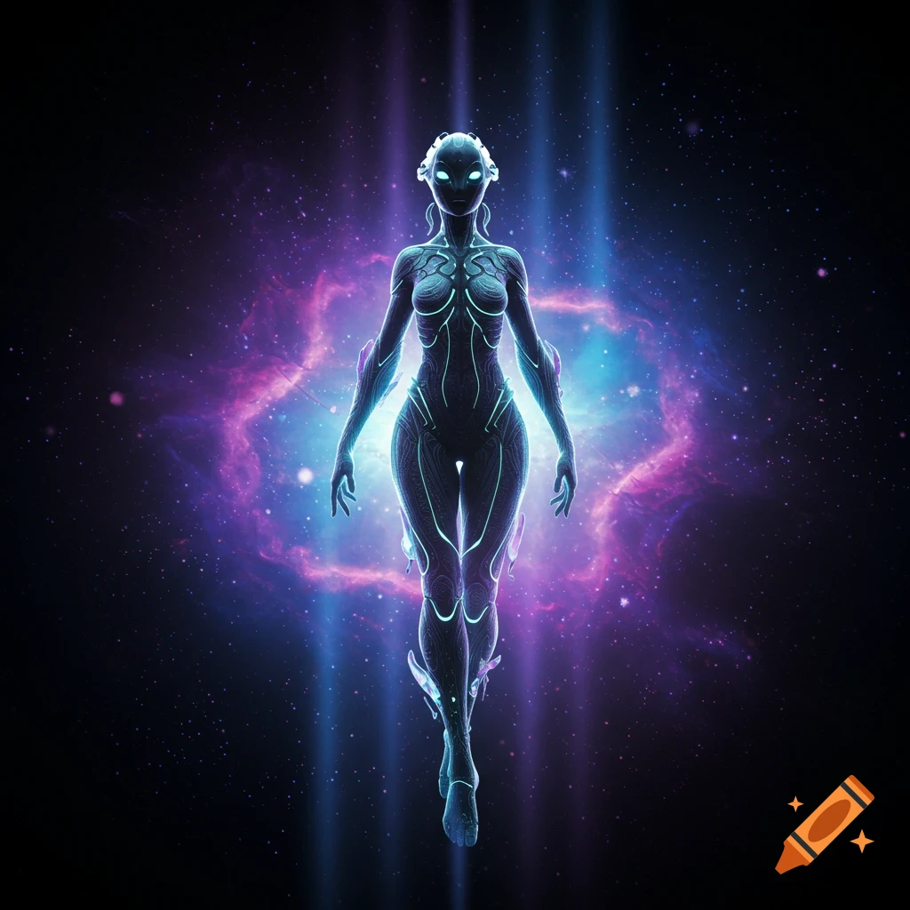 A glowing, stylized alien figure floats in deep space amidst a vibrant purple and blue nebula.