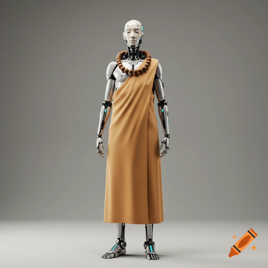 A full-body shot of a cyborg monk wearing a saffron robe and prayer beads, standing against a grey background.