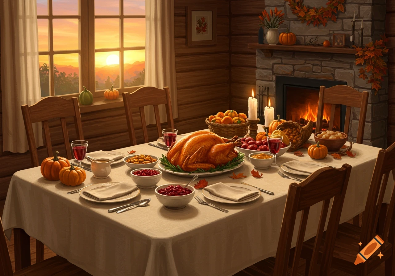 A festive Thanksgiving dinner table with a roasted turkey, cranberries, pumpkins, and candles, set in a rustic room with a sunset view.