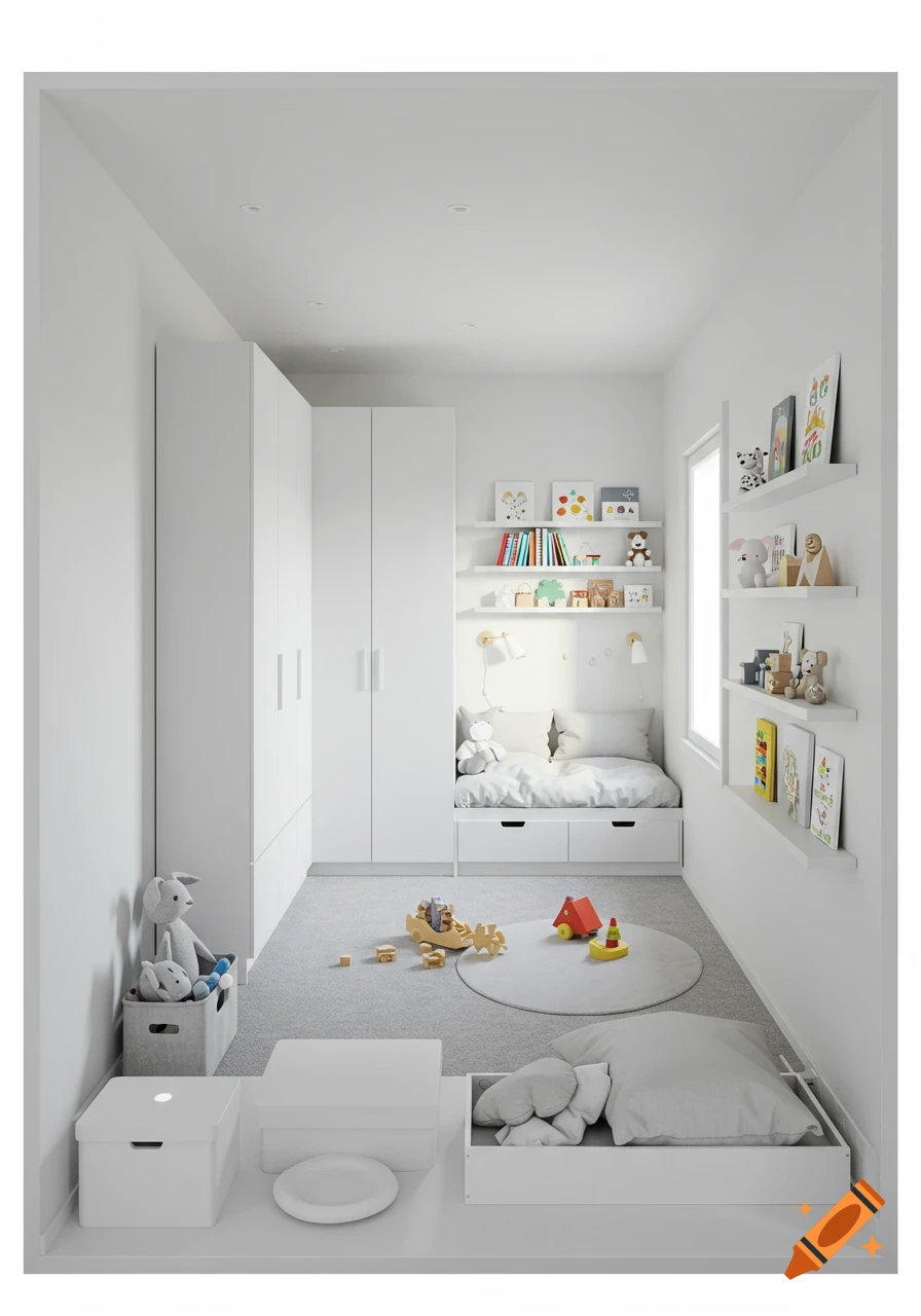 Bright, minimalist child's bedroom with white walls, gray carpet, a bed nook, built-in wardrobes, and shelves displaying books and toys.