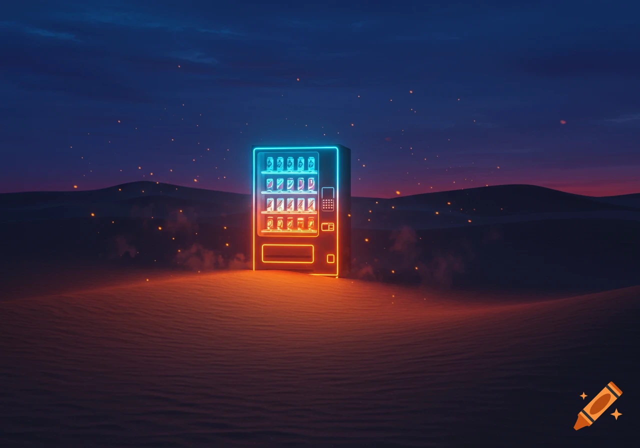 A neon blue and orange glowing vending machine stands in a vast desert landscape at dusk, with scattered orange embers in the air.