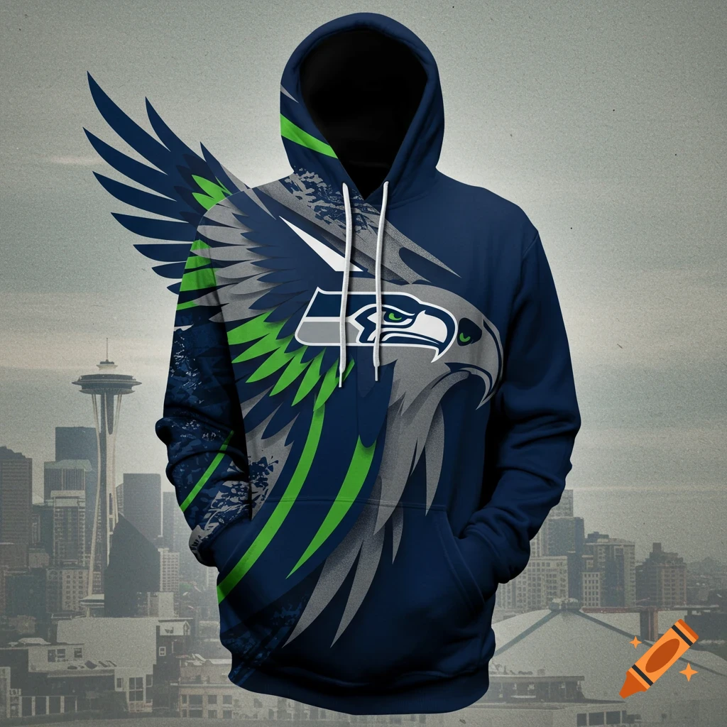 A navy blue hoodie with a green and grey Seattle Seahawks eagle design, floating against a blurred cityscape background.