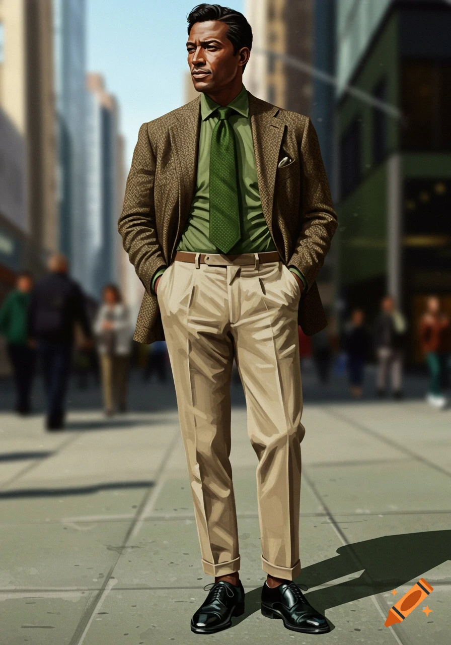 A stylish man in a green shirt, green tie, brown tweed blazer, beige pants, and black shoes stands on an urban street.