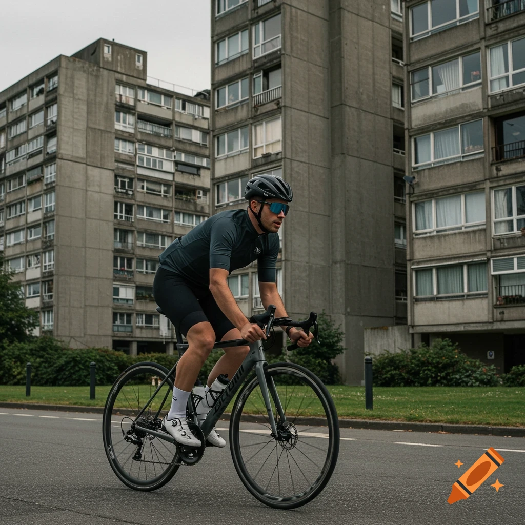 A man in dark cycling gear and a helmet rides a road bike on a street, with large brutalist apartment buildings in the background.
