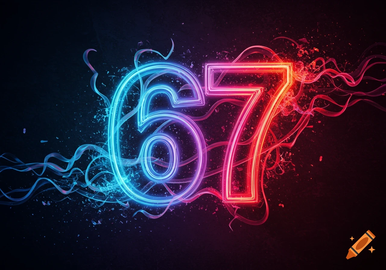 Neon blue and red glowing numbers 67 with dynamic light trails and splashes on a dark background.