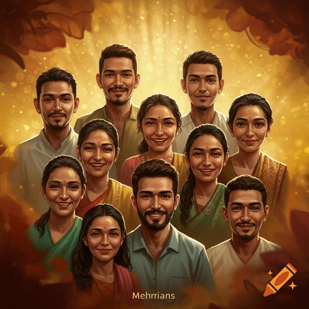 A stylized digital art portrait of a large group of smiling South Asian men and women against a warm, glowing background with autumn foliage. The text 'Mehrrians' is at the bottom.