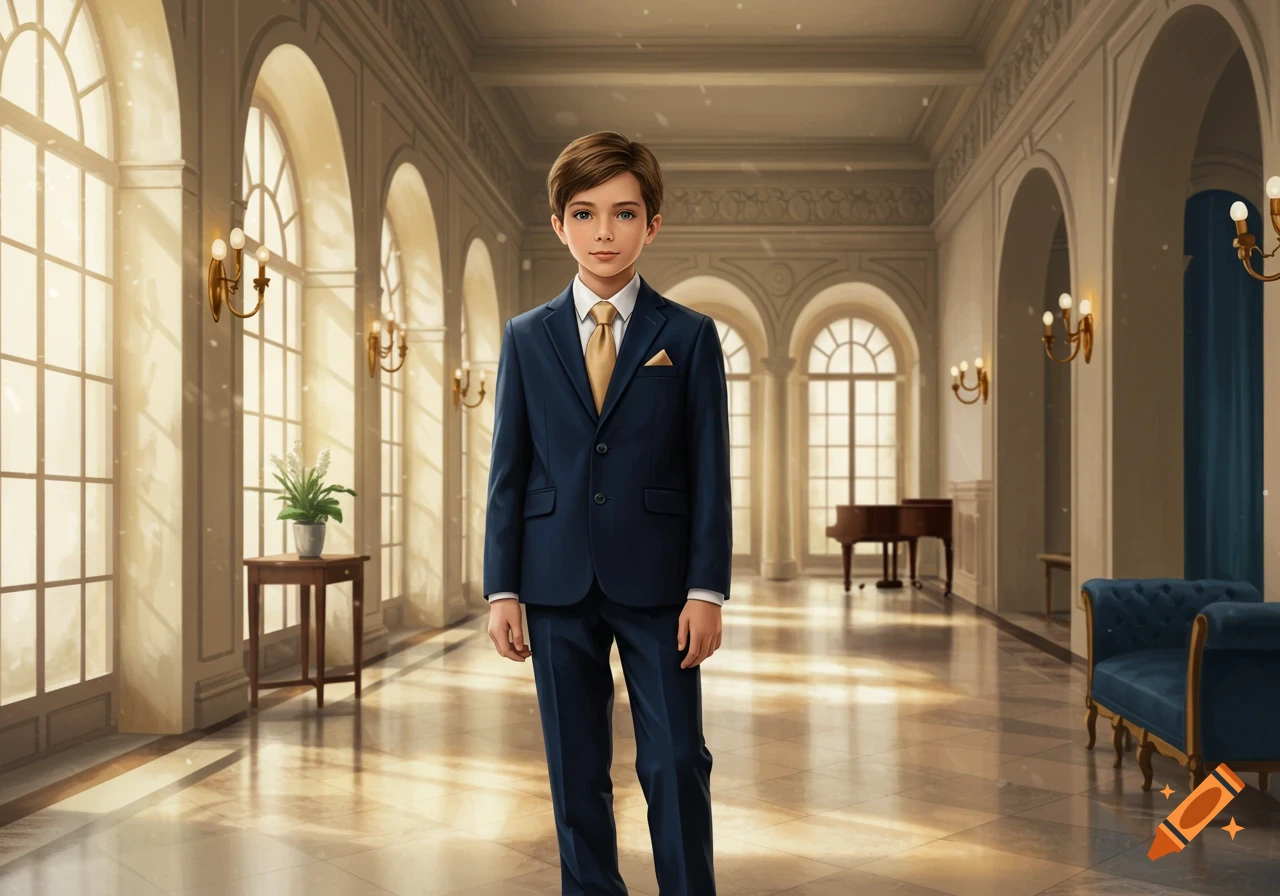 A young boy in a blue suit and gold tie stands in a grand, sunlit hall with arched windows and a piano.
