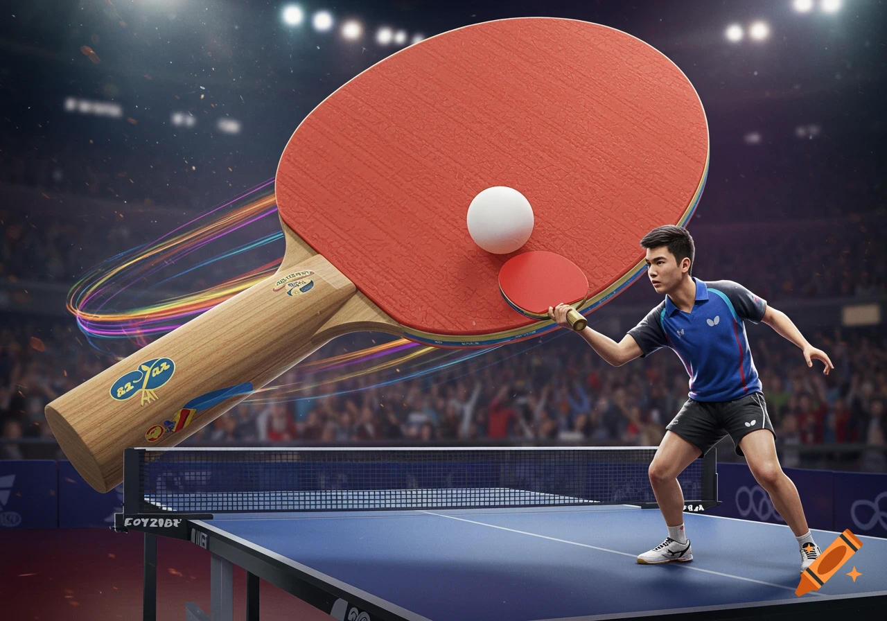 A male table tennis player on a court, preparing to hit a normal-sized ball with a gigantic red paddle, surrounded by colorful light trails in a stadium.