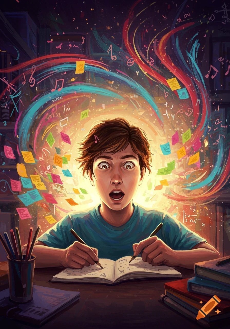 A young boy with wide eyes sits at a desk writing, as colorful musical notes, math symbols, and sticky notes swirl around his head in an energetic, illustrative style.