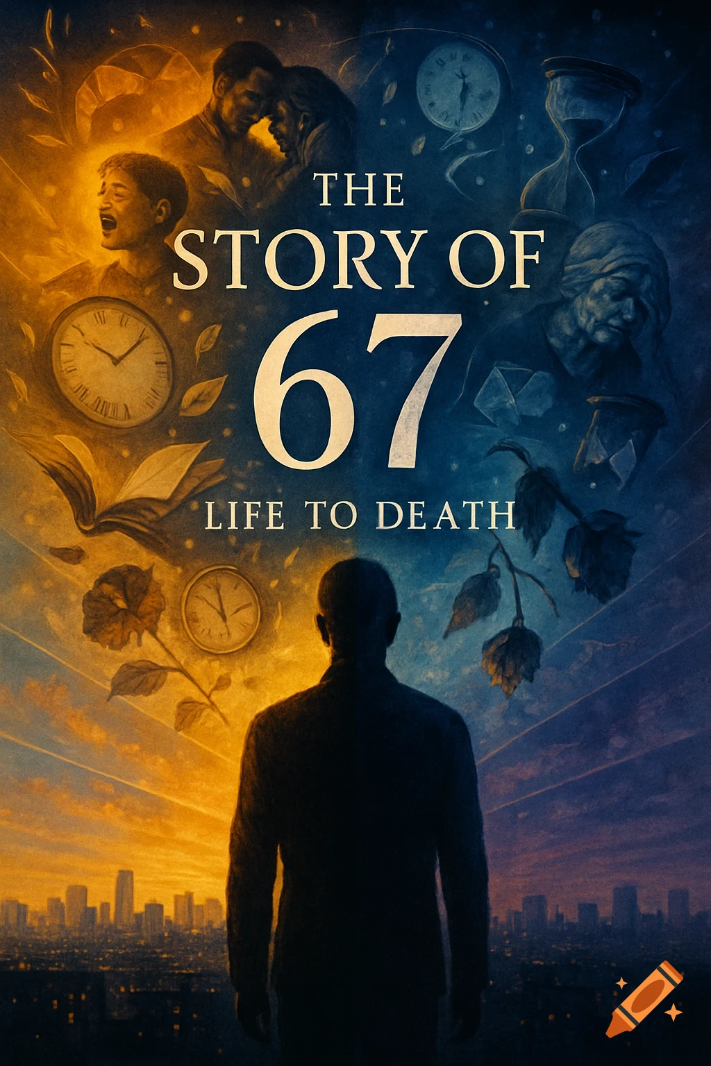 A man views a city skyline under a sky filled with symbolic images of life's journey and time, with text 'THE STORY OF 67 LIFE TO DEATH'.