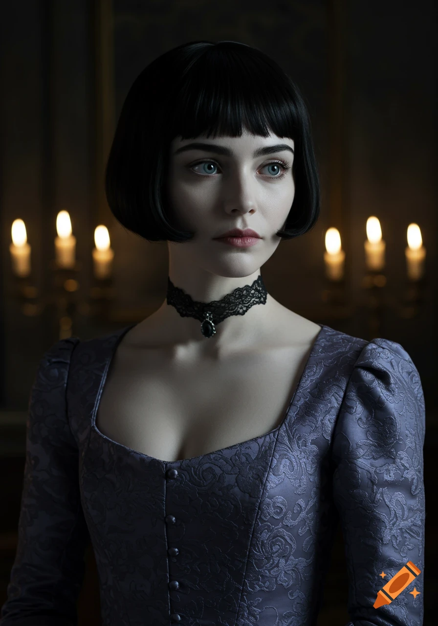 A woman with short dark bob hair, blue eyes, and pale skin wears a black lace choker and a deep lilac gown, posed in a moody, candlelit setting.