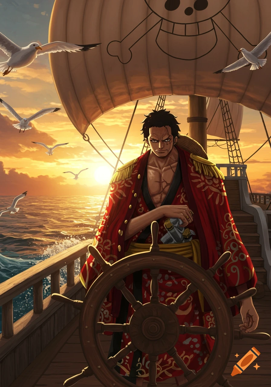 A determined anime pirate captain with scars stands on a ship's deck at sunset, with a skull and crossbones flag and seagulls flying.