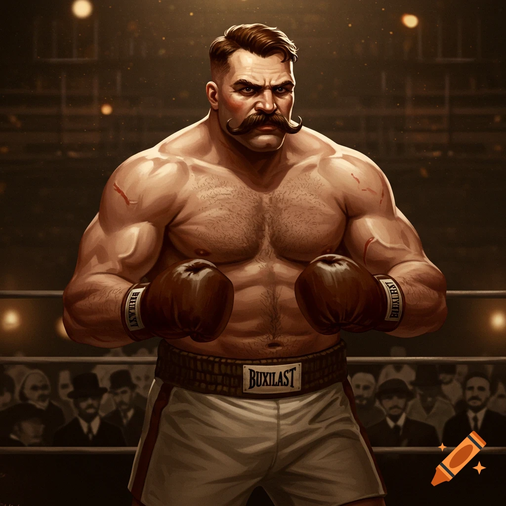 An illustrated 19th-century boxer with a large mustache and muscular physique, wearing boxing gloves and shorts, standing in a dimly lit boxing ring.
