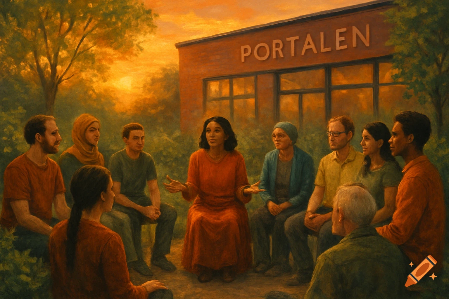 A diverse group of people gather in a circle outdoors, listening to a woman speaking, in front of a building with a "PORTALEN" sign, painterly style.