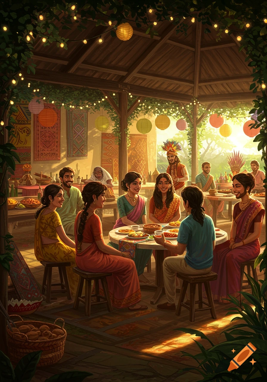 Illustration of people in traditional attire gathered for a meal under a festive, light-decorated canopy.