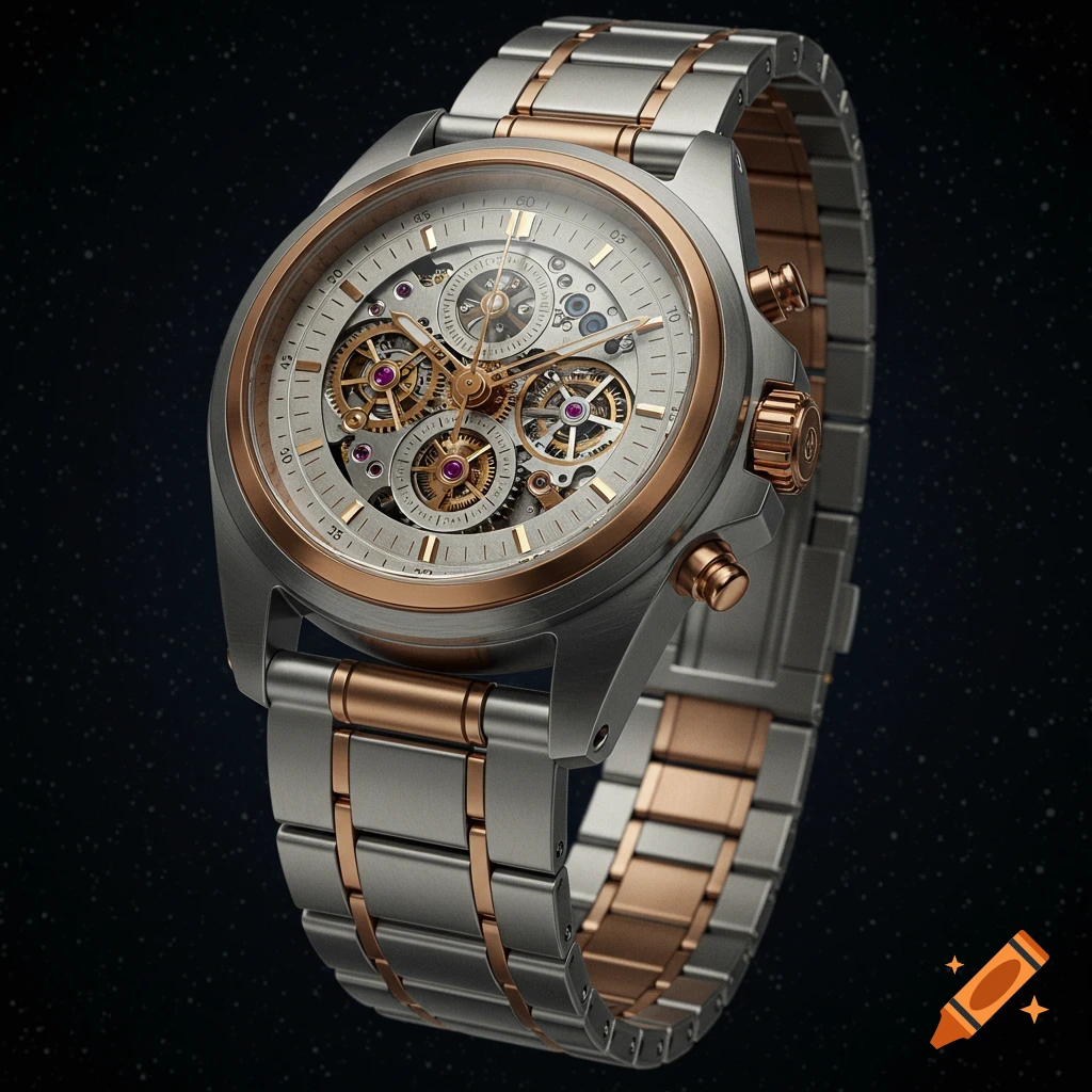 A detailed close-up of a silver and rose gold mechanical wristwatch with an exposed gear mechanism and a sleek metal band, against a dark, subtly starlit background.
