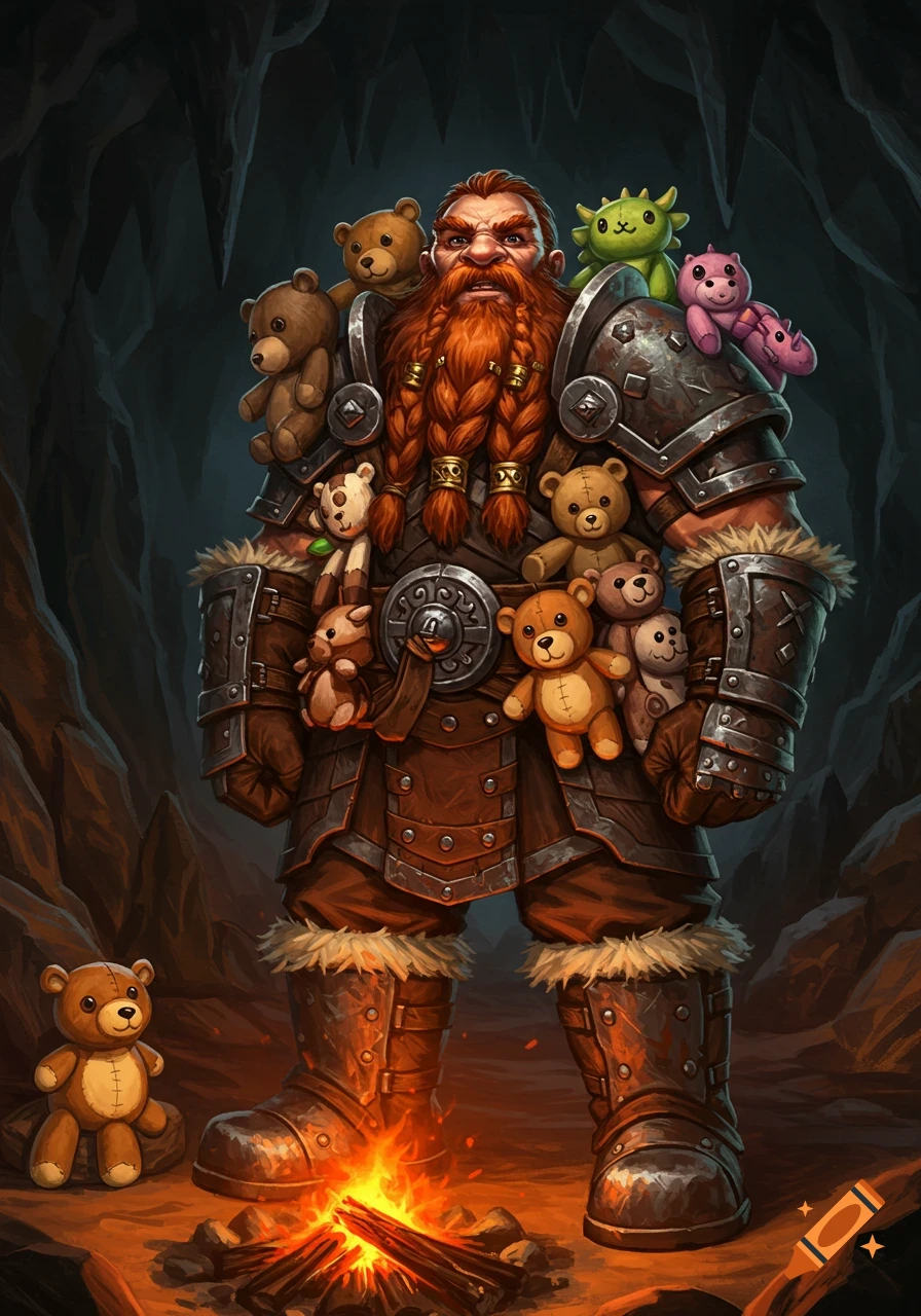 A stern dwarven barbarian with a braided red beard and heavy armor ...