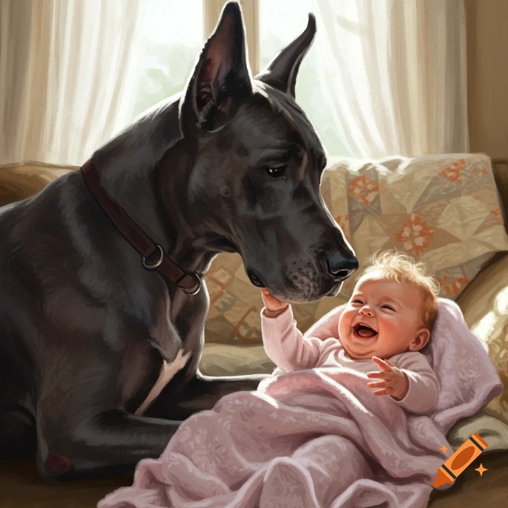 A large black Great Dane looks down at a laughing baby wrapped in a pink blanket on a couch, bathed in warm sunlight.