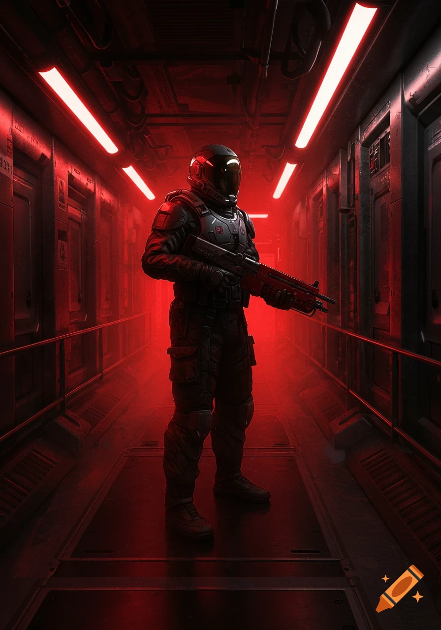 A futuristic soldier in black armor with a helmet and a rifle stands in a red-lit spaceship corridor.