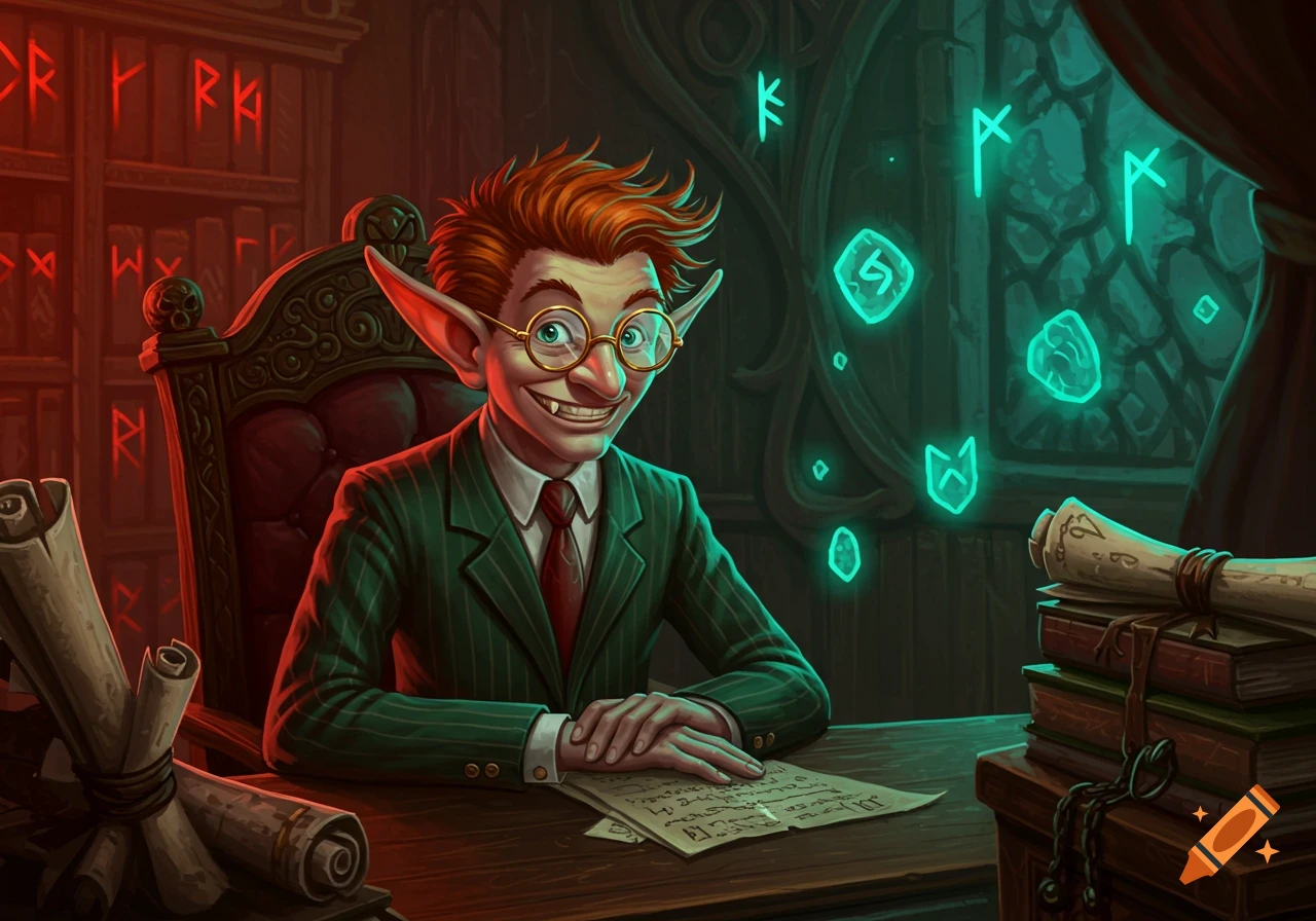 A smiling, red-haired elf in a pinstripe suit and glasses sits at a desk with magical runes glowing around him.