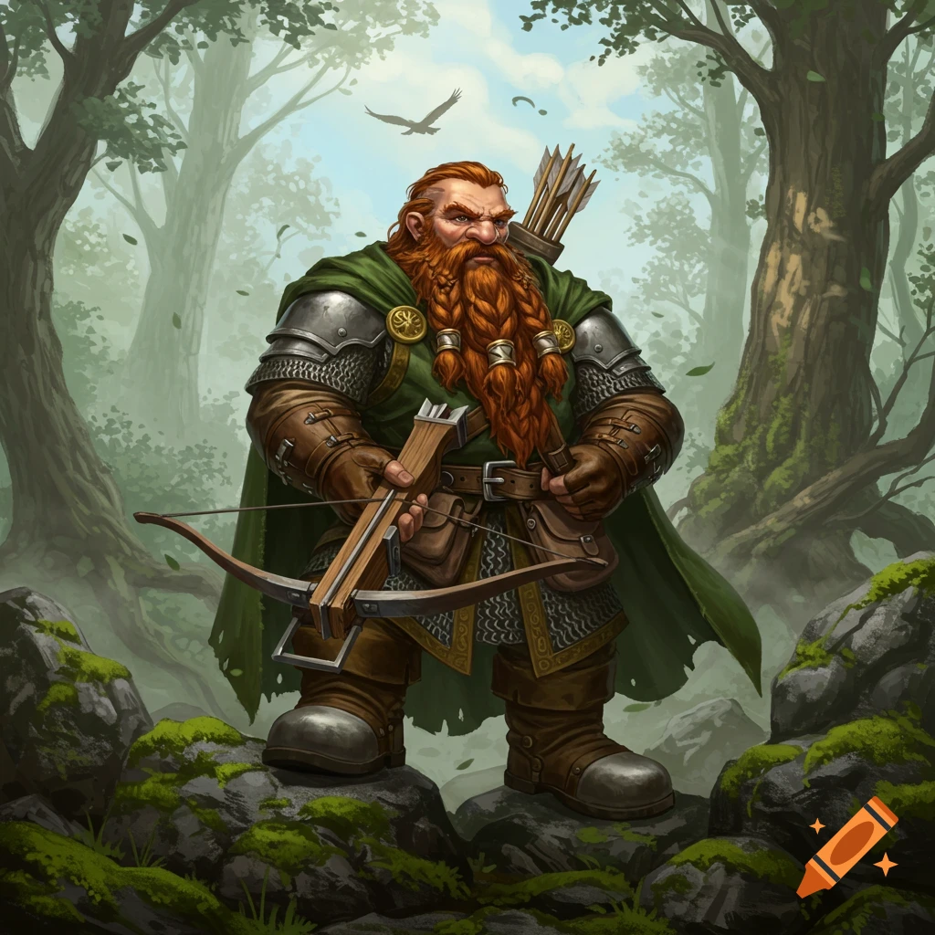 A red-bearded dwarf ranger in green clothing and chain armor stands in a misty forest, holding a crossbow.