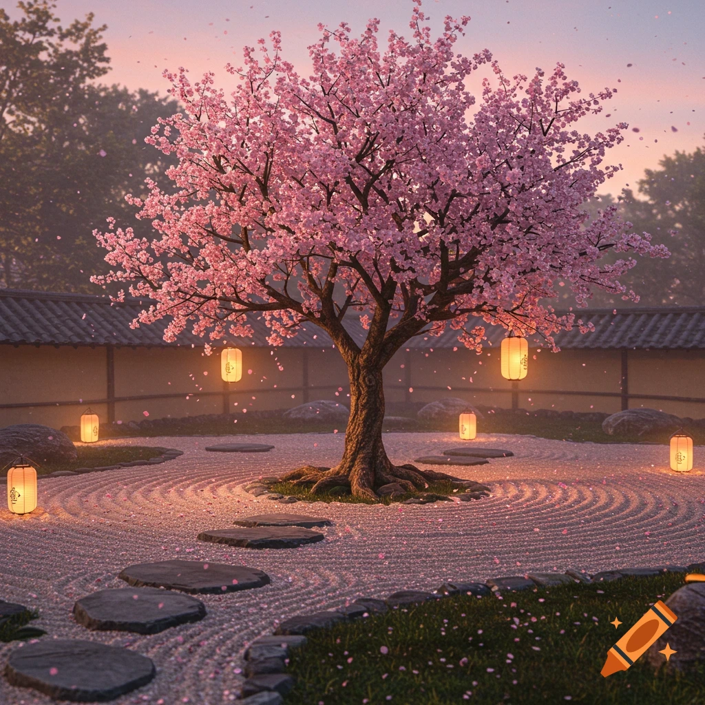 A vibrant cherry blossom tree stands in a Japanese garden with raked gravel, stepping stones, and glowing lanterns at sunset.