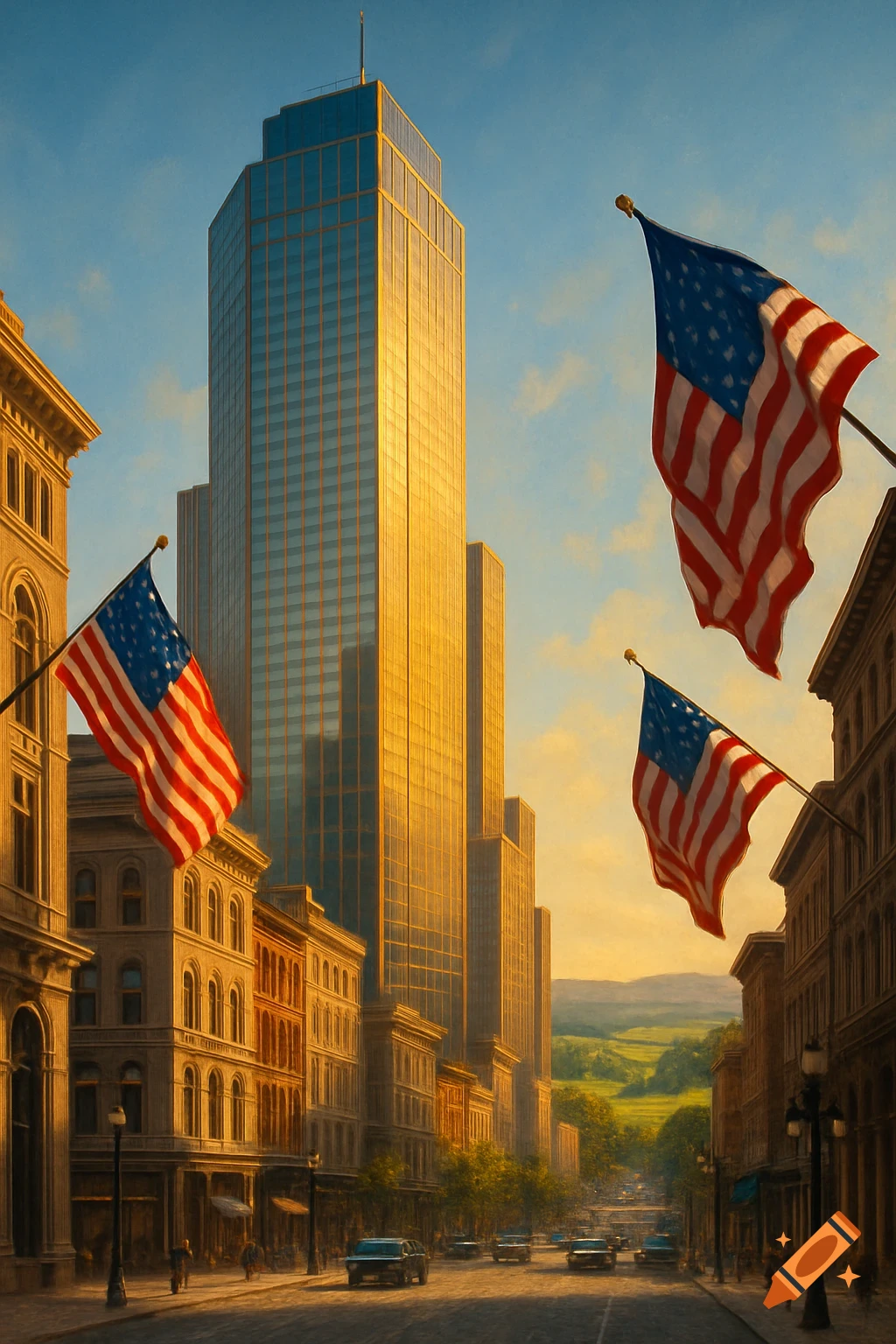 A city street with tall buildings and American flags under a golden sky, in a painterly style.
