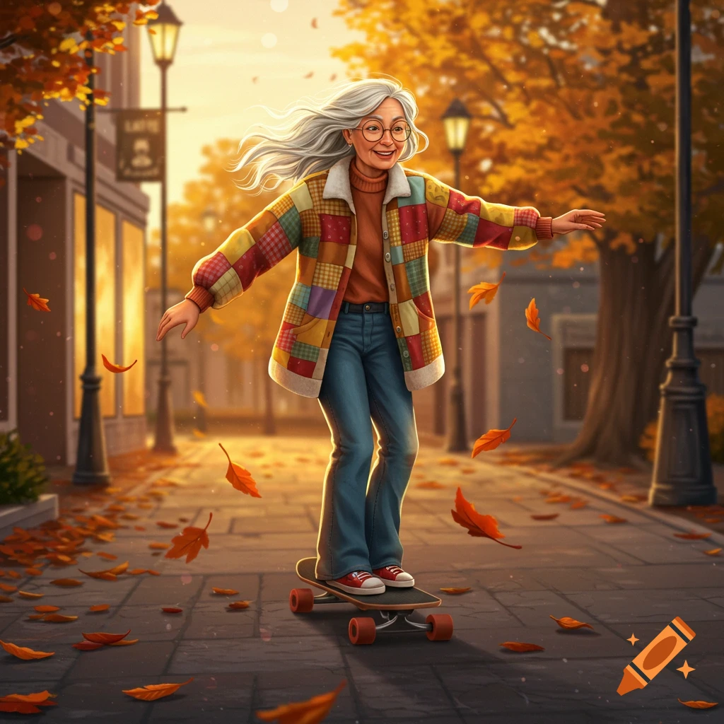 Vibrant illustration of a joyful elderly woman with white hair skateboarding down an autumn street with falling orange leaves and buildings.
