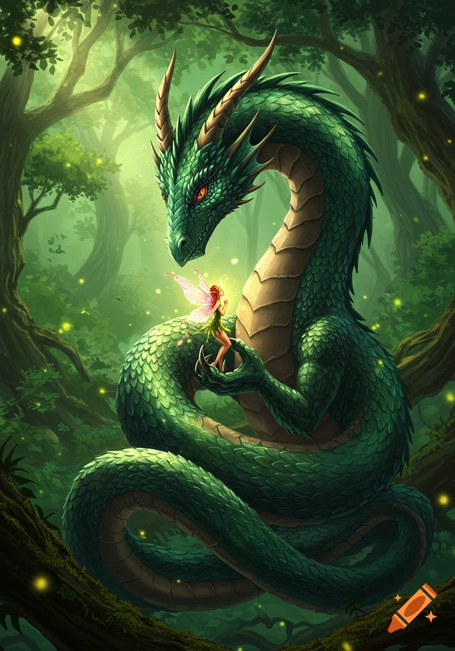 A large green dragon with orange eyes gently holds a tiny fairy with pink wings in a magical forest.