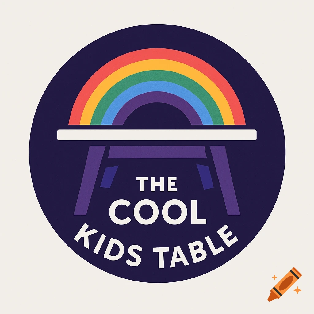 A dark blue circular logo features a rainbow arcing over a stylized white and purple table. Text reads "THE COOL KIDS TABLE".