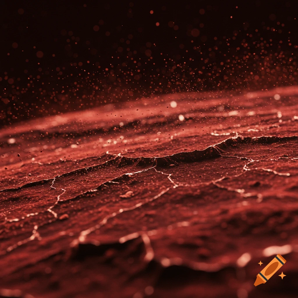 Close-up of a cracked, crimson Martian surface with glowing mineral veins and dust particles, in an abstract oil painting style.