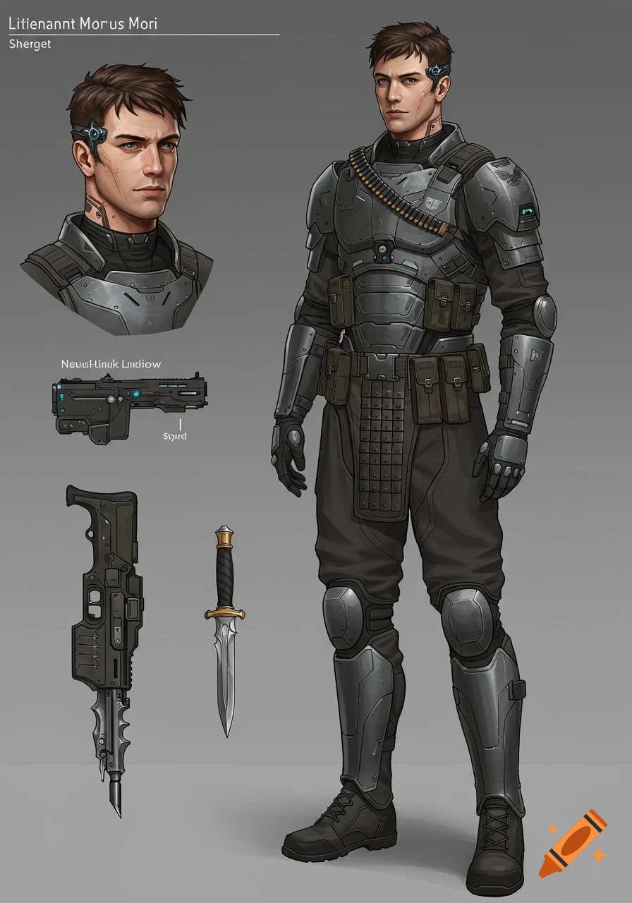 Concept art of a sci-fi soldier in dark grey futuristic combat armor with a headshot, futuristic rifle, and dagger.