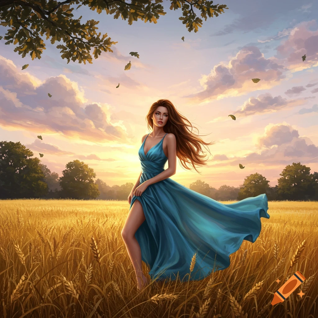 A woman in a flowing blue dress stands in a golden wheat field at ...