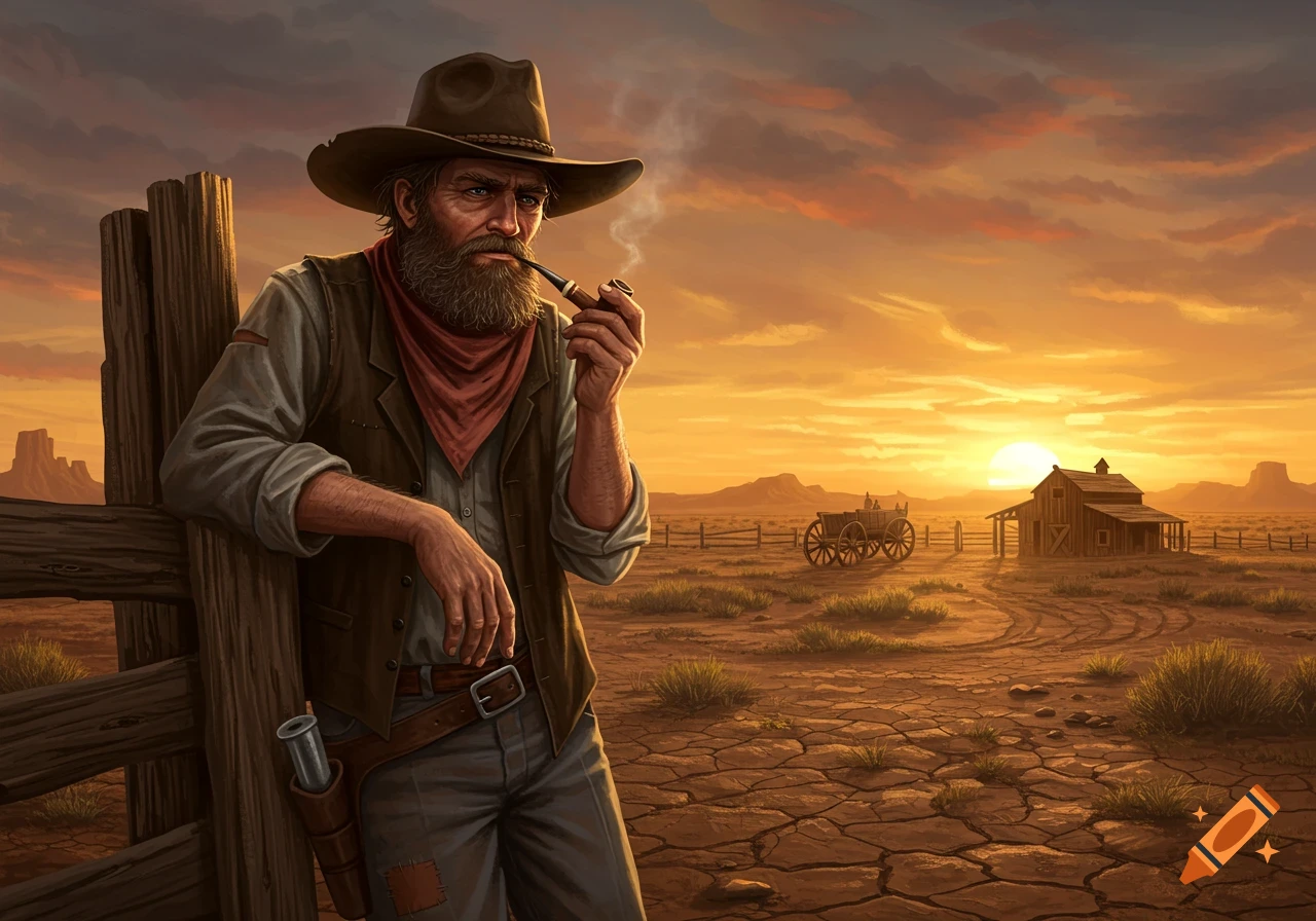A bearded cowboy with a pipe leans on a wooden fence in a dry Western landscape with a barn and wagon at sunset.
