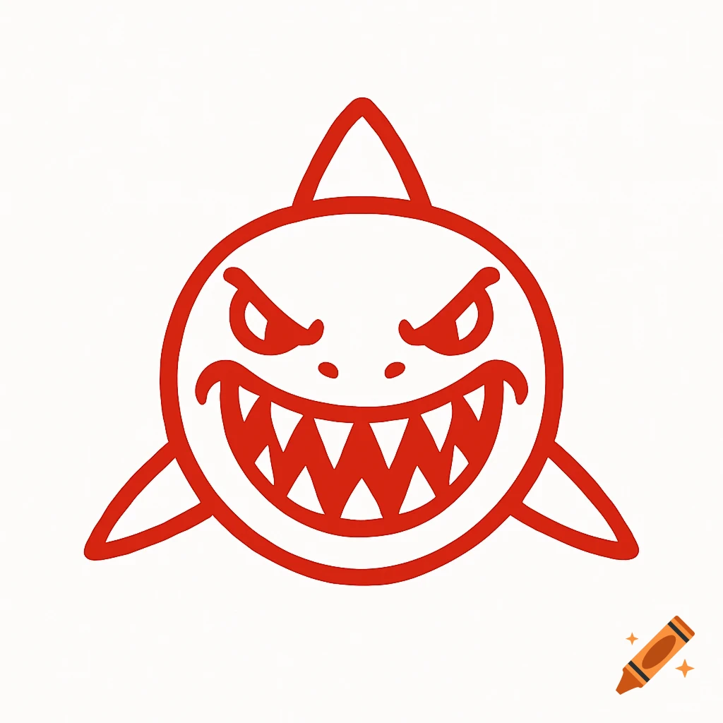 A minimalist, symmetrical logo of an evil grinning red shark with sharp teeth and angry eyes on a white background.