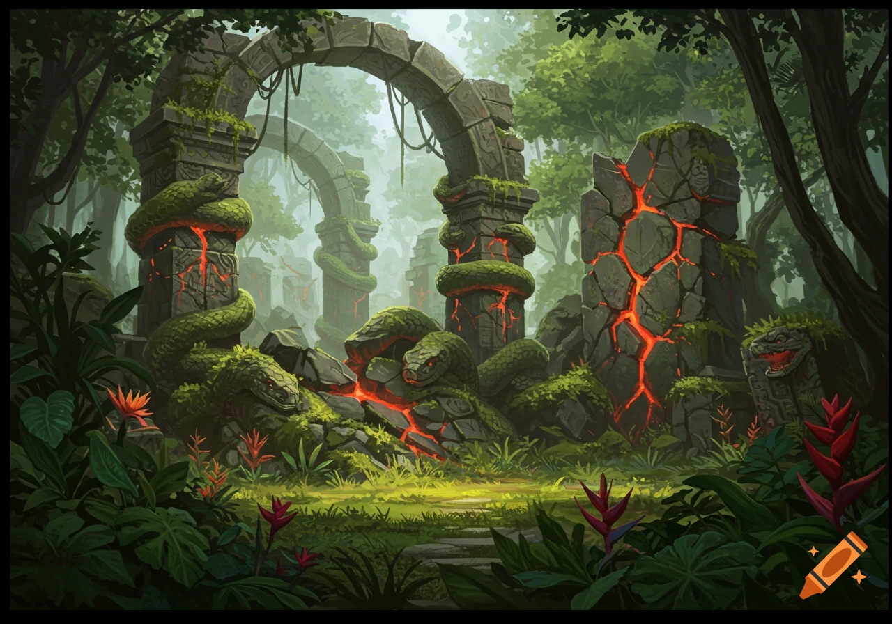 Stylized illustration of ancient jungle ruins with glowing red cracks and snake-like stone structures amidst lush foliage.