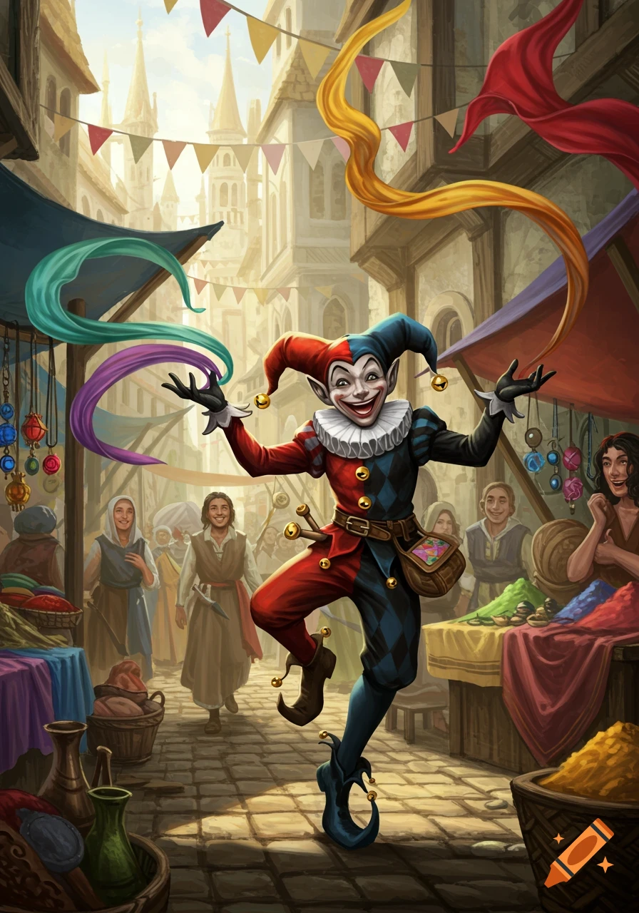 A vibrant digital painting of a jester dancing and juggling colorful ribbons in a busy medieval marketplace.